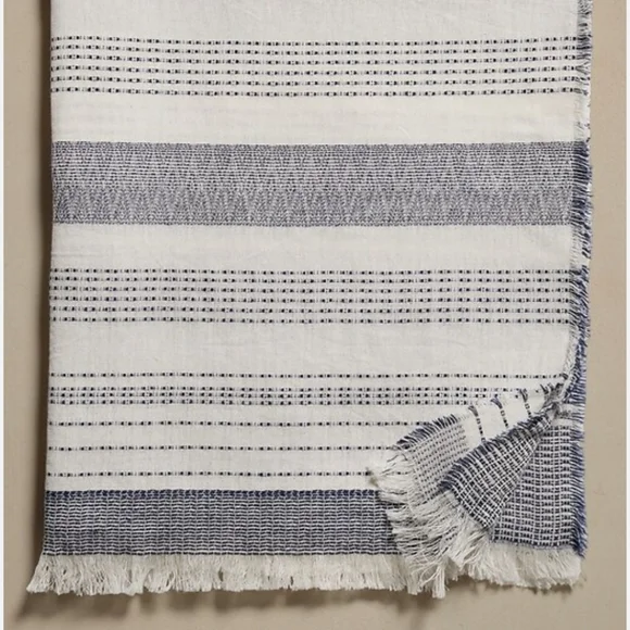 Banana Republic Textured Cotton Linen Striped Scarf White Navy Fringe Edges NWOT - Picture 3 of 15